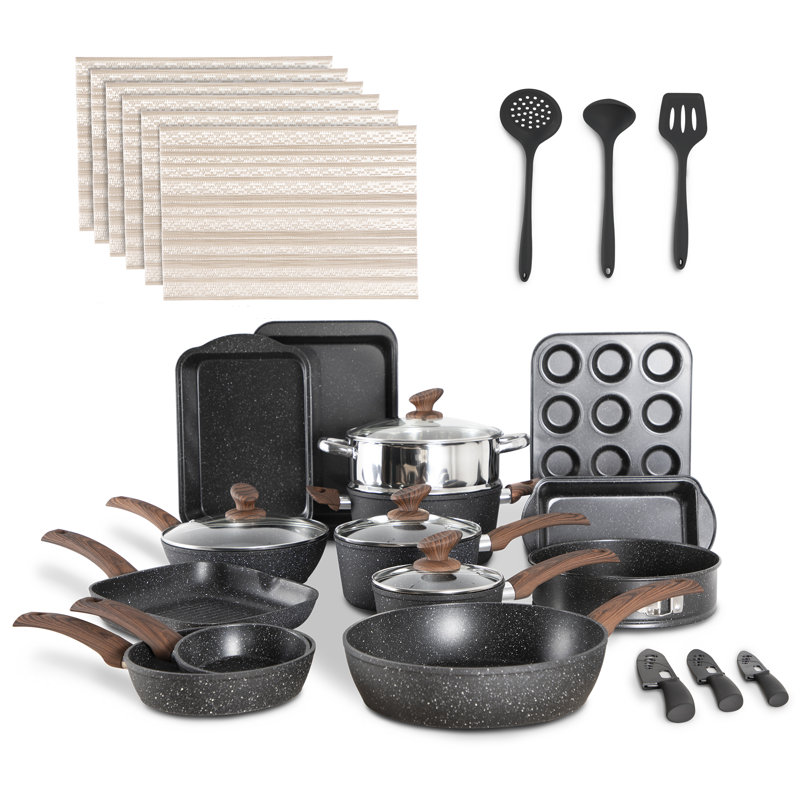 Donnovin 30 - Piece Non-Stick Aluminum Cookware Set, Black