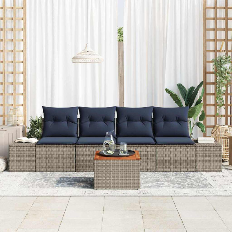  Ensemble de canapé de jardin avec coussin 5 pièces en rotin de polyester noir, Coussin bleu marine / structure grise