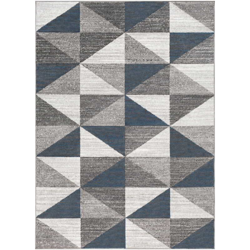 Tapis bleu ciel / bleu marine à motif géométrique Lambdin, Rectangle 6 pi 7 po x 9 pi