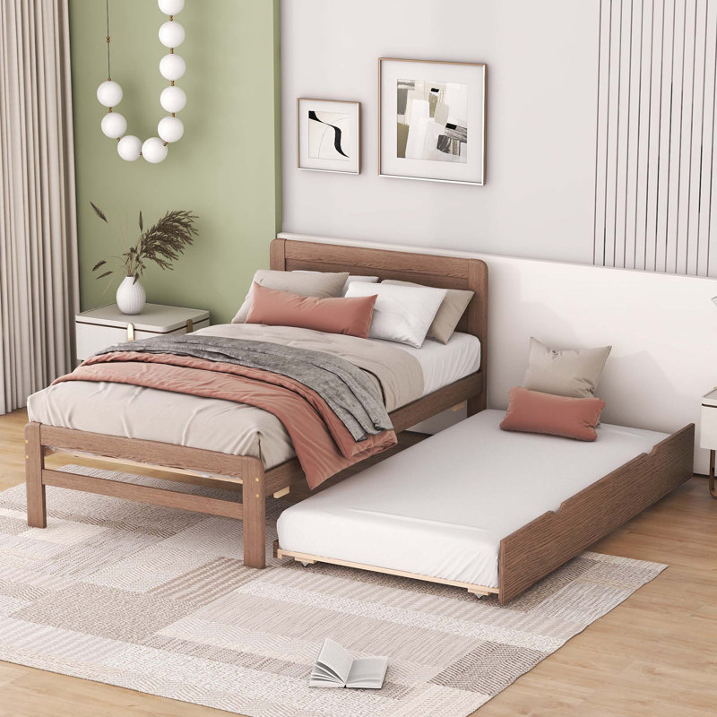 Twin Size Platform Bed Frame with Trundle, Color, Walnut