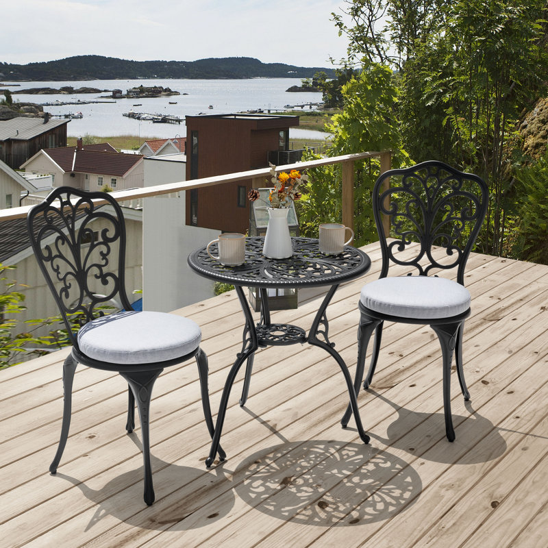 Outdoor 3-piece Bistro Set with 1.4'' Thick Cushions, Round 24 Inch Cast Aluminum Round Table with Umbrella Hole and Chairs for Patio,Black and Gray