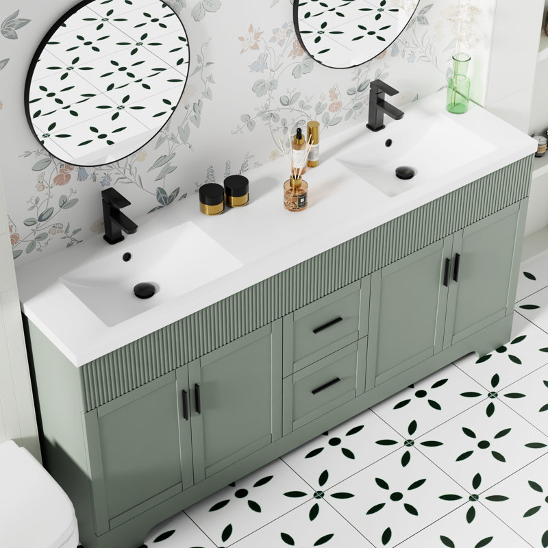 72" Integrated Double Sink Bathroom Vanity Top, Faucet and Drain
