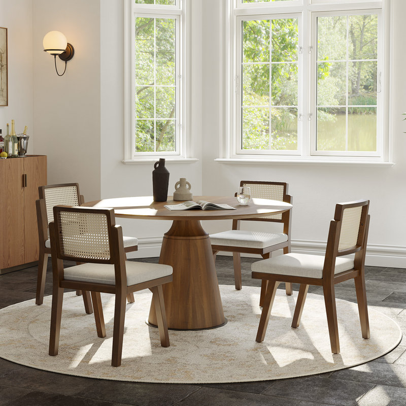Chaise de salle à manger avec dossier en rotin réversible tissé moderne l 19 po avec pieds en bois massif Amadou, 4, Brun