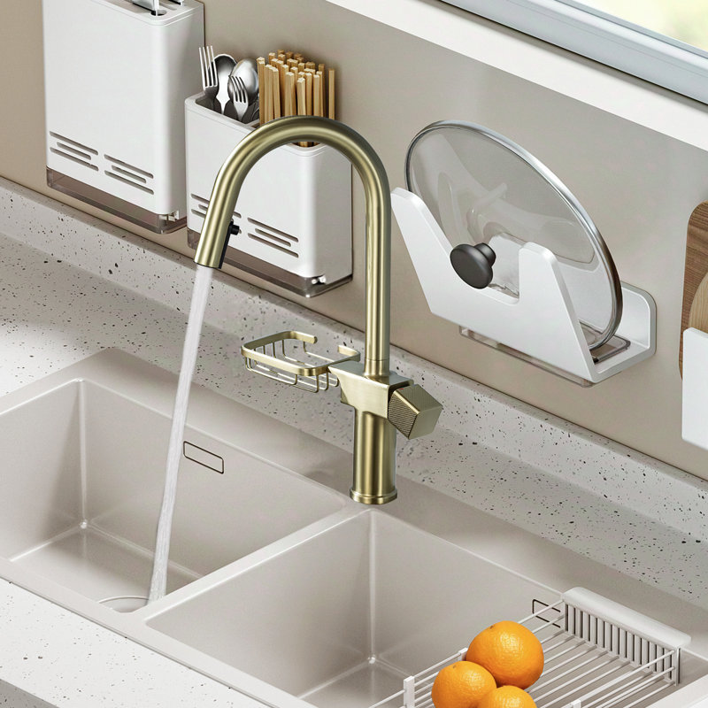 Robinet de cuisine en acier inoxydable à un trou à finition arquée à un trou avec fonction double, pivotant sur 360 ° et rangement pour couverts en acier