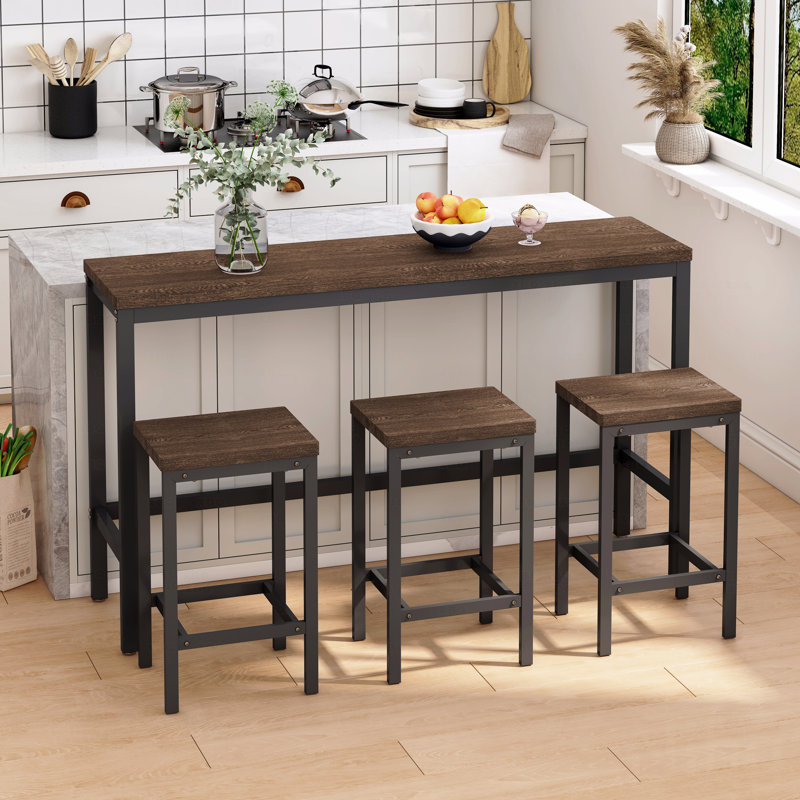Modern Style Kitchen Dining Table,Pub Style Dining Table,Long Dining Table Set With 3 Dining Stools