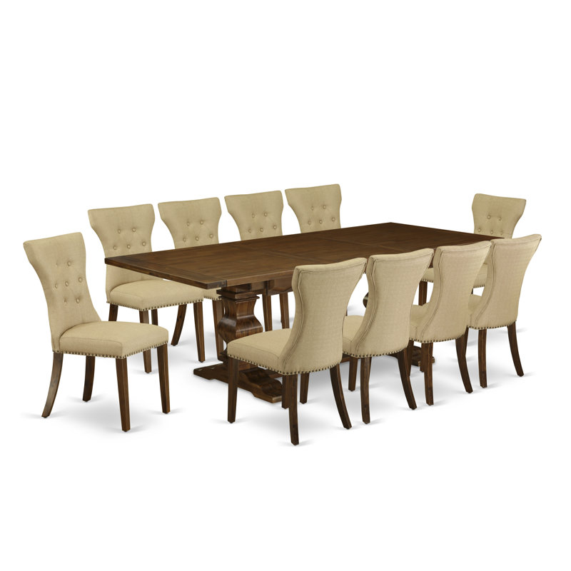 L'ensemble de table de salle à manger 11 pièces comprend une table de cuisine rectangulaire avec rallonge amovible et 10 chaises de salle à manger Parson en tissu brun, noyer antique