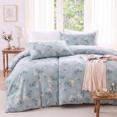 Blue Floral Duvet Cover King Size, 100% Cotton Duvet Cover Set with Dusty Blue Botanical Print, 3-Piece Vintage Cottage Farmhouse Bedding Set with 2 Pillowcases
