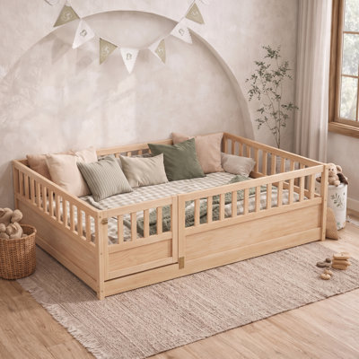 Size  Montessori Wooden Floor Bed with High Security Barrier  Door, Kids Bed Frame with Integral Construction