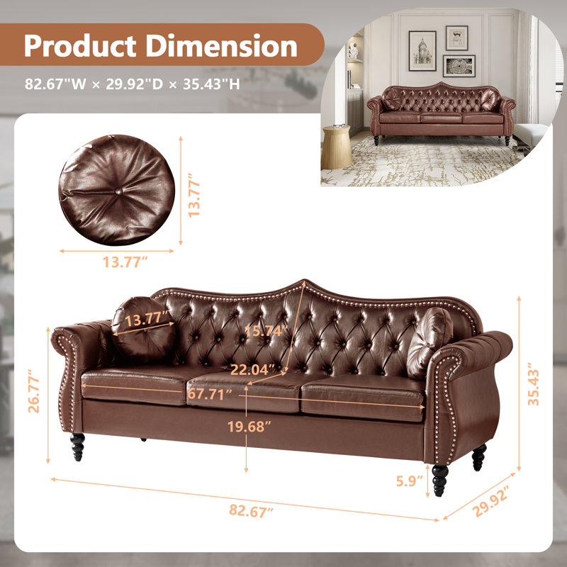 Bilbil 82.6" Faux Leather Sofa with 2 Decorative Cushions, Similicuir brun