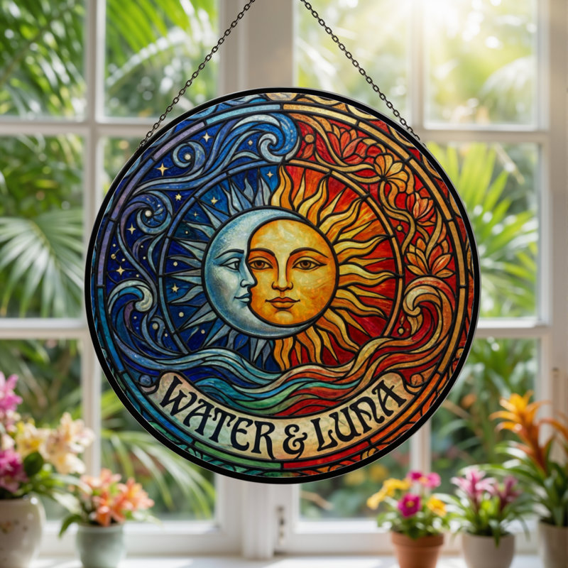 Panneau de vitrail 12 "H Sun and Moon, H 12 po x l 12 po
