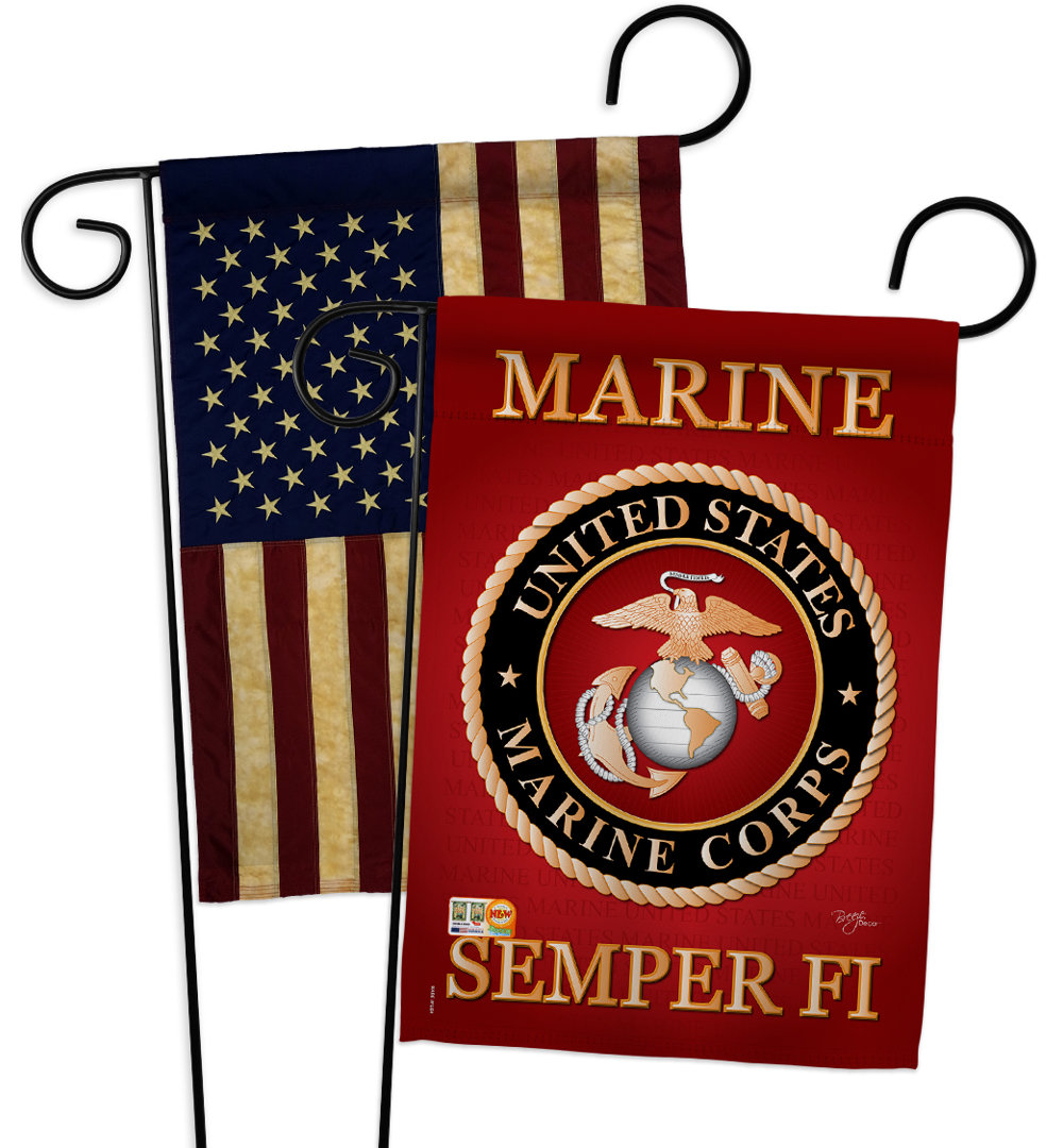 2 Piece Marine Corps Americana Military Impressions Decorative Vertical 2-Sided Polyester Flag Set Breeze Decor 
