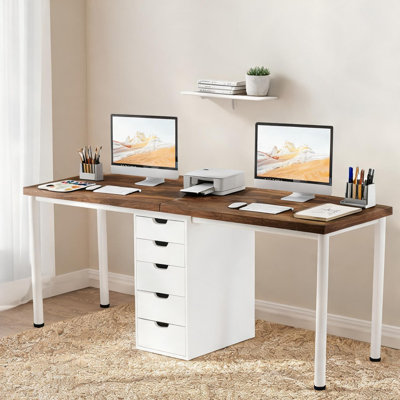 Bureau d'ordinateur pour deux personnes avec tiroirs, grain de bois rétro, base blanche classique, 78,8 pouces de long