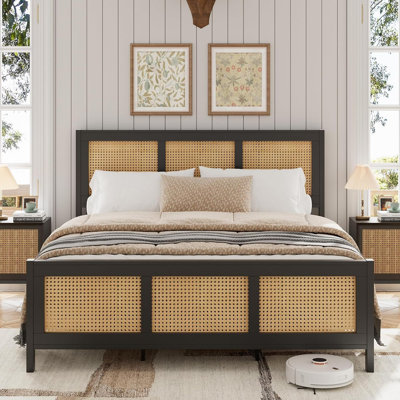 Queen Size Boho Rattan Bed Frame with Headboard - Hand-Woven Hexagonal Design, Heavy Duty 800lbs Metal Platform - Noise-Free 12-Leg Support, 14.5" Underbed Storage, No Box Spring Needed, Black