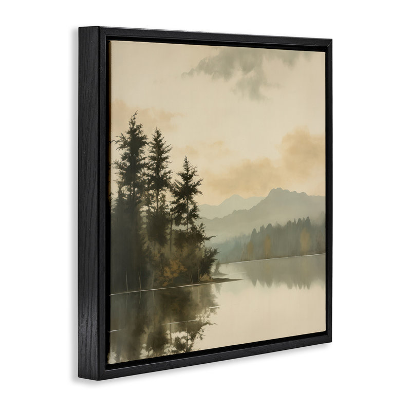 Paysage de montagne beige, H 18 po x l 18 po, Cadre flottant noir de jais