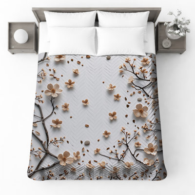 Cherry Blossom Branches Quilted Bedspread 
