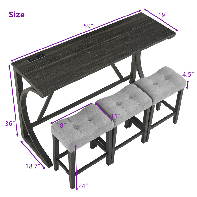 Ensemble de table de bar 4 pièces avec prise de courant, ports USB et Type-C, tabourets rembourrés pour le coin-repas, bureau à domicile