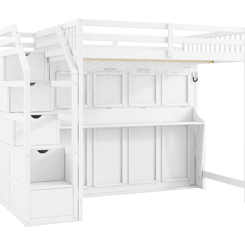 Lit mezzanine double TG avec escalier de rangement fonctionnel, lit, structure à DEL et en pin pliable