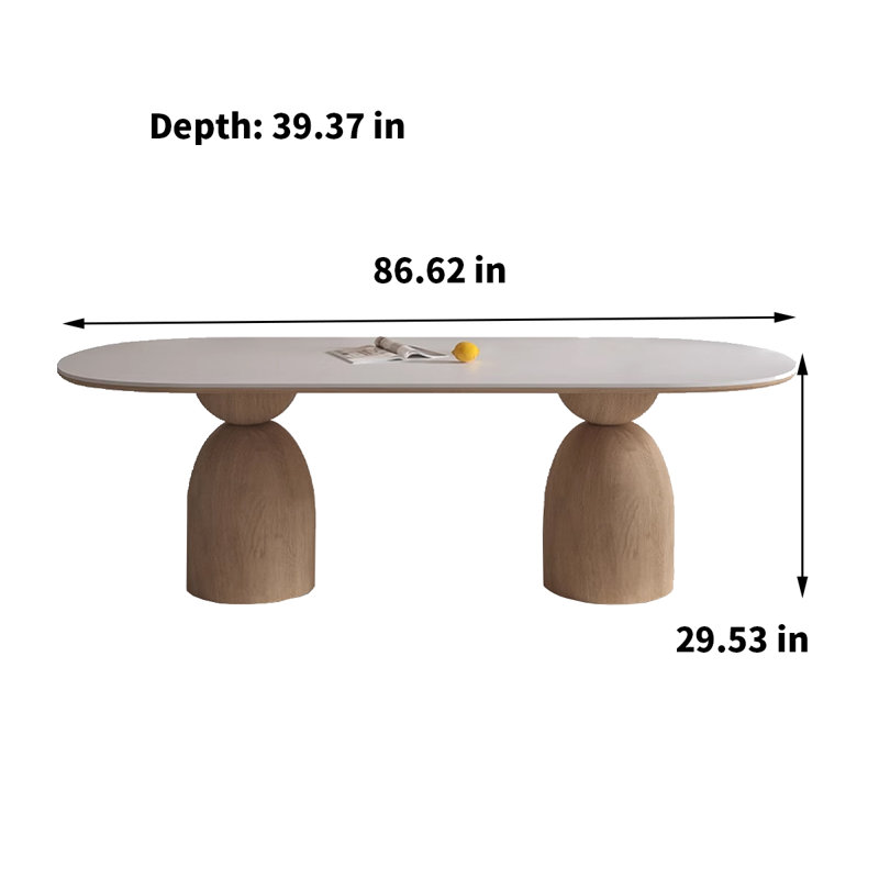 Cream Solid Wood & Stone Slab Oval Dining Table Solid Wood Base Dining Table, 29.53"H x 86.62"L x 39.37"W