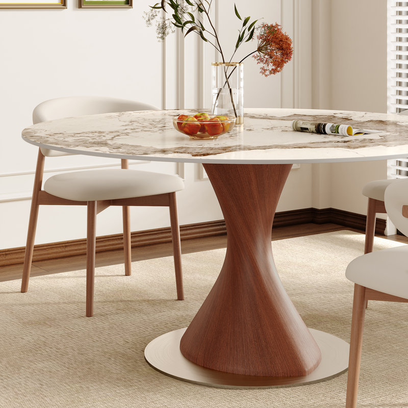 Modern Round Dining Table Solid Wood & Stone, Pandora, 29.53" H x 47.24" W x 47.24" D
