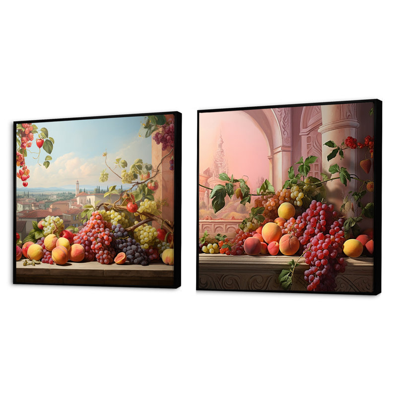 Ensemble de 2 collages carrés de fruits, Cadre flottant noir, H 16 po x l 33 po