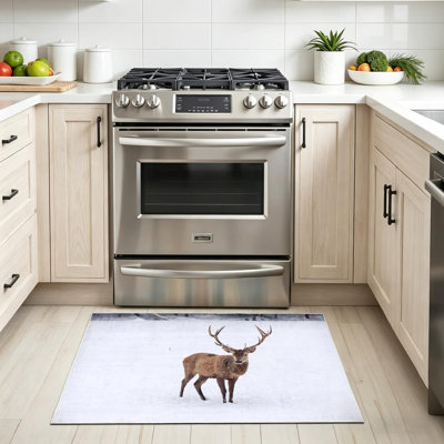Brown Machine Washable,Elk Winter Scene Deer Antlers Animal Indoor Area Rug