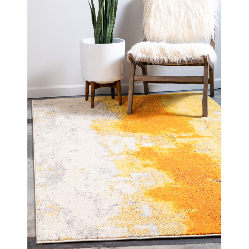 Tapis jaune à motif abstrait Rizer, Rectangle 10 pi 6 po x 16 pi 5 po