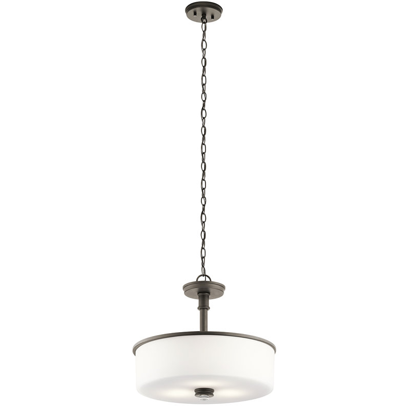 Luminaire suspendu convertible 3 lumières avec abat-jour en verre opale satiné gravé Joelson, Bronze vieilli