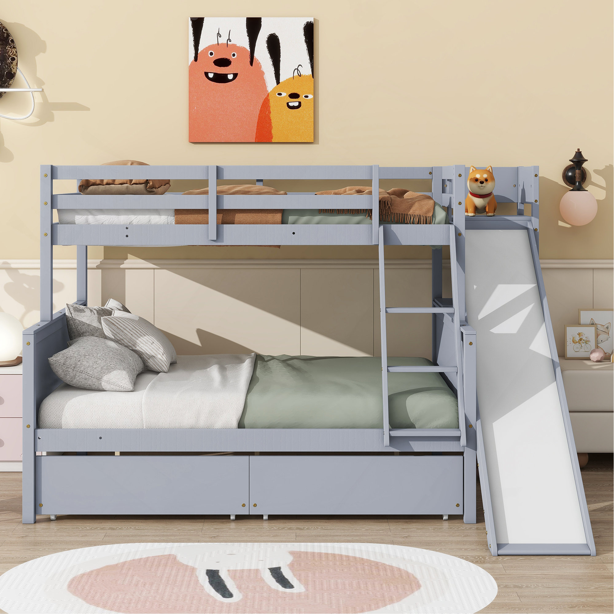 Harriet Bee Twin Over Full Bunk Bed With 2 Drawers, Slide, Shelves ...