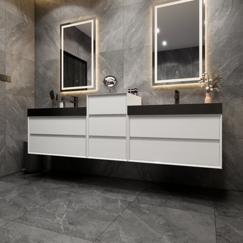 Ensemble de meuble-lavabo double mural Golitz, Blanc lustré