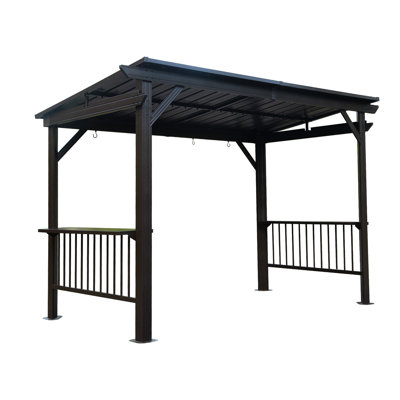 Pavillon de jardin à toit rigide de 6,5 x 12 pi, pavillon de jardin extérieur avec 2 tablettes latérales et toit en acier galvanisé incliné, pavillon de barbecue permanent en métal avec crochets de plafond pour patio, pelouse, cour arrière, terrasse, gris