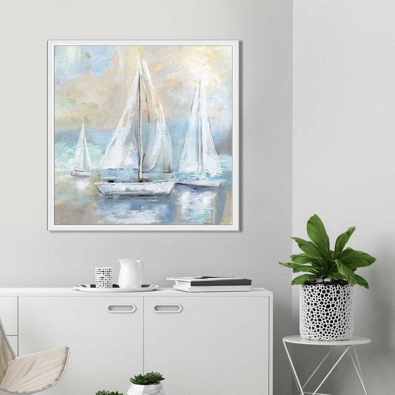 «Sail Away», reproduction de peinture acrylique, H 21,5 po x l 21,5 po x P 2 po, Cadre flottant blanc