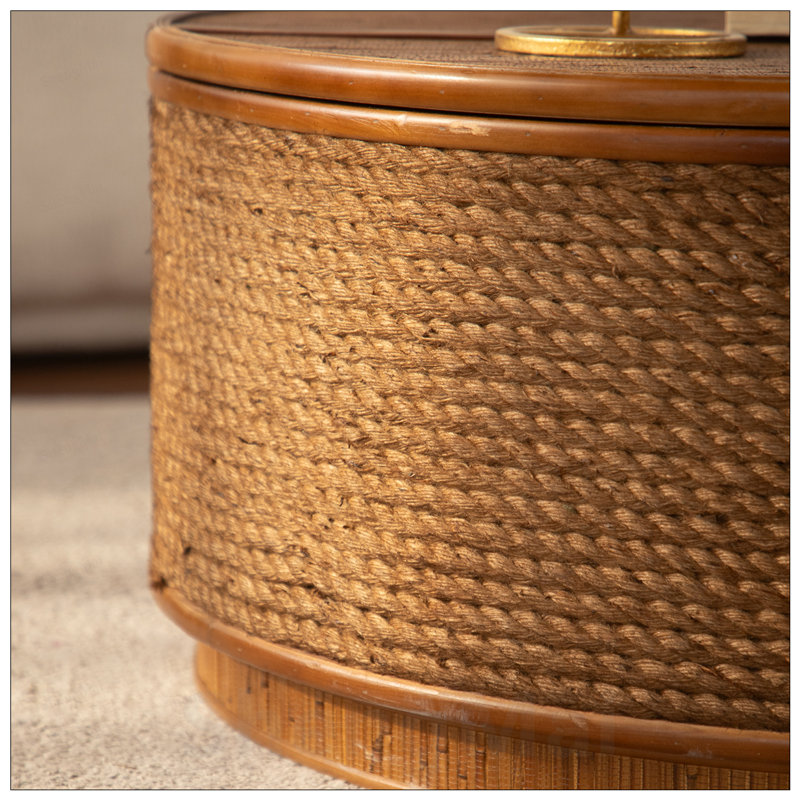 Table basse ronde en rotin avec rangement amovible, garniture en corde de chanvre tissée à la main, style boho-chic, parfaite pour les salons confortables et les espaces compacts