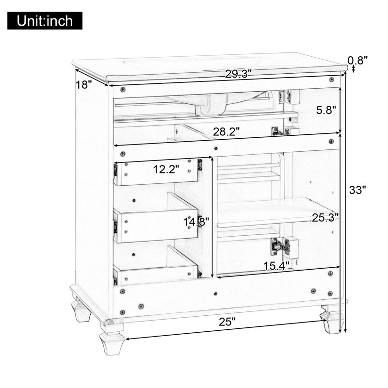 Meuble-lavabo autoportant 30 po avec lavabo en céramique et 3 tiroirs, Green