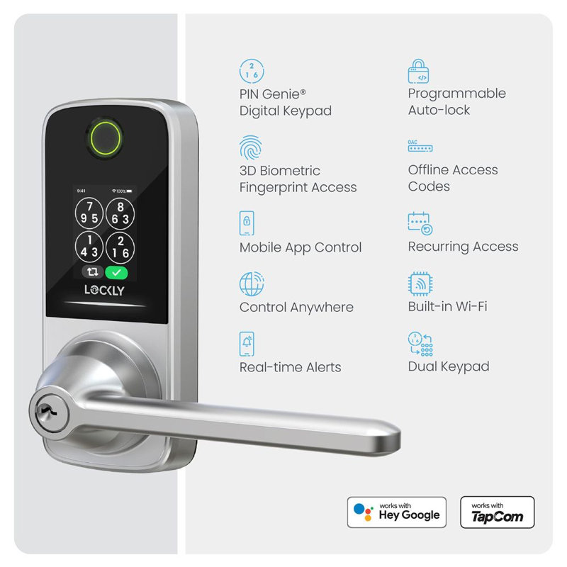 Lockly Secure Pro Satin Nickel Latch Edition with Built-in Wi-Fi Lever Set Lock PGD628WSN, Satin Nickel