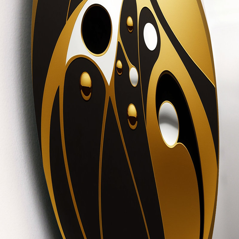 Sphère dorée et noire I - art mural rond abstrait géométrique sur métal, L 36 po x H 36 po