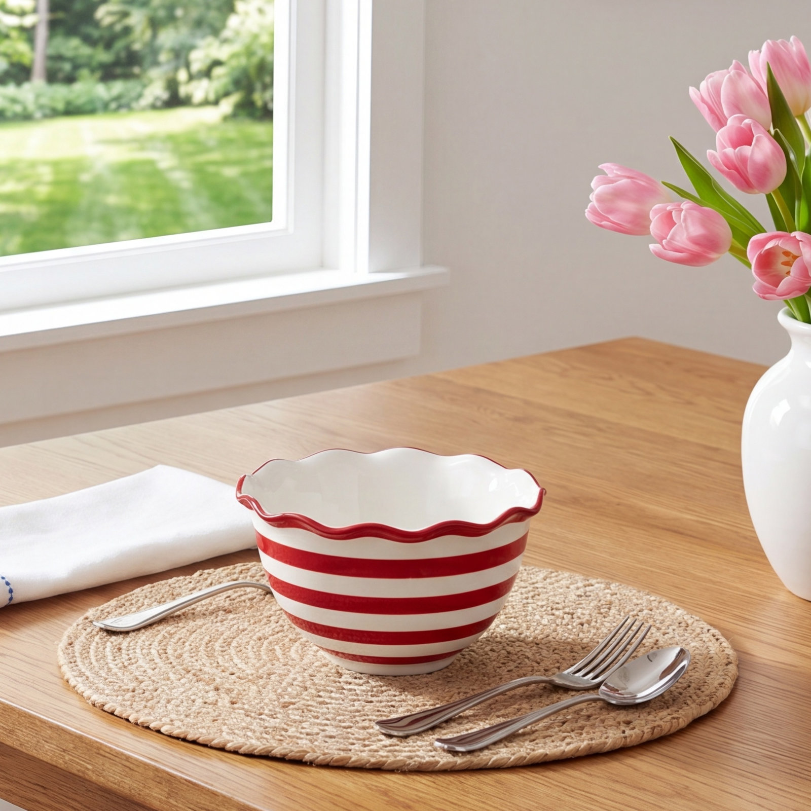 Red Stripe Ruffle Earthenware Cereal Bowl