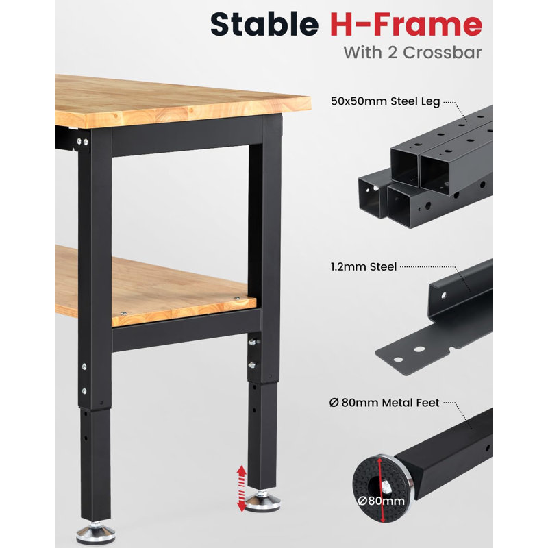 Solid Wood Top Height-Adjustable Workbench, 39.4" H x 60" W x 22" D