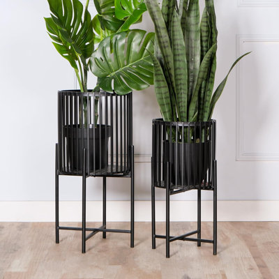 Decorative Metal Planter Set of 2 - Black Finish and Collapsible Stand