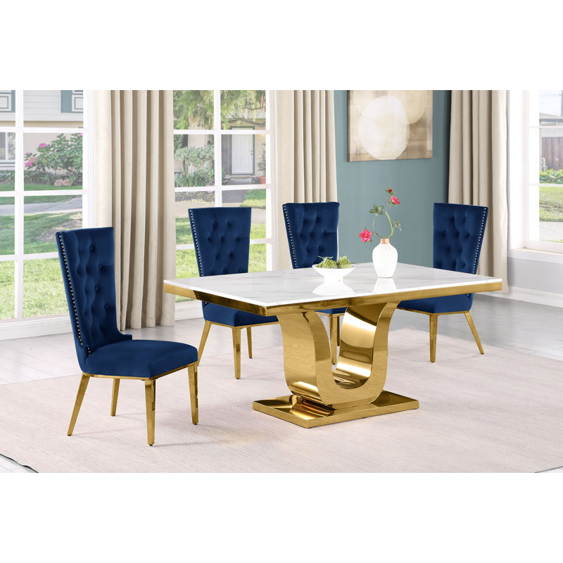 Kievie Marble Top Pedestal Dining Set, 5 Piece Dining Set, Navy