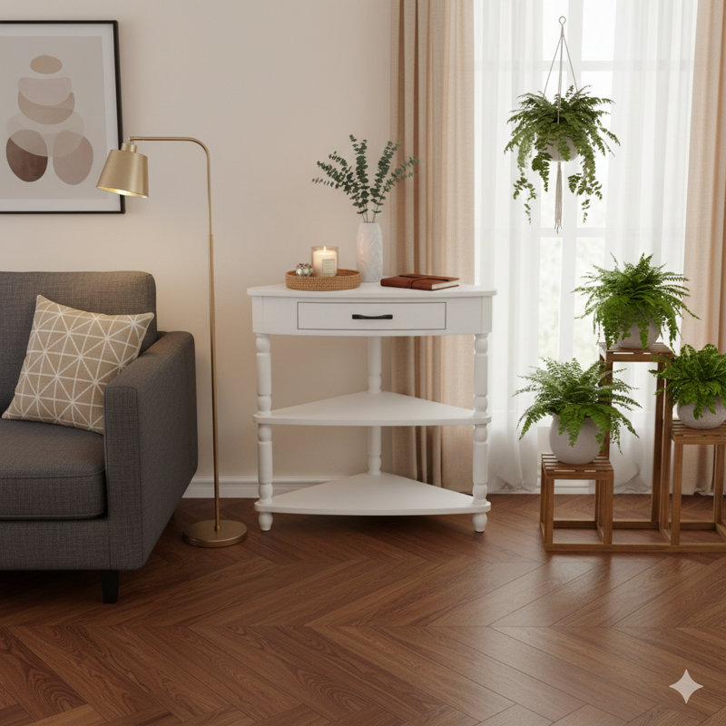 Table de coin triangulaire compacte de 33,8 pouces, une table d'appoint en bois conçue pour les espaces et les salons limités. Comprend trois niveaux et des pieds en bois massif au fini blanc laiteux.