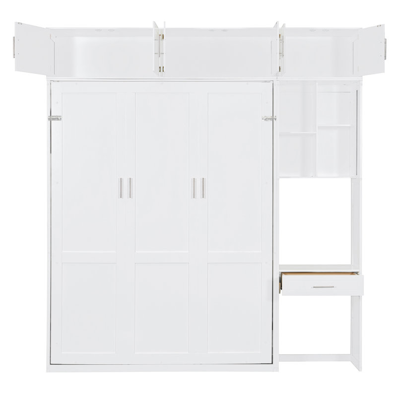 Grand lit mural blanc avec bureau et rangement intégrés, idéal pour les petits appartements, conception peu encombrante, support de matelas confortable, espaces compacts en contreplaqué, matériaux