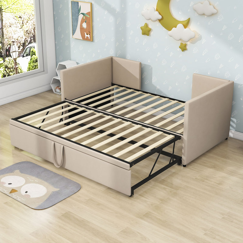 Twin Size Velvet Upholstered Daybed with Twin Size Trundle, Beige