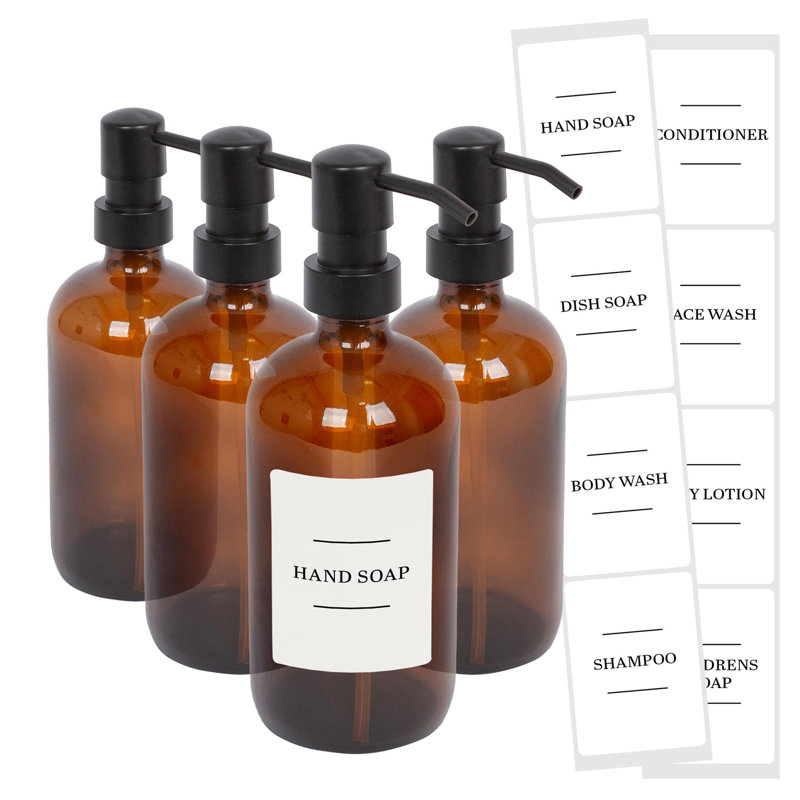 Glass Soap Dispensers with Labels - 500ml, Amber/White