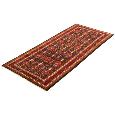 Tapis de couloir en tapis décoratif laine noir/rouge/beige de conception unique 4 pi 2 po x 9 pi 9 po noué à la main