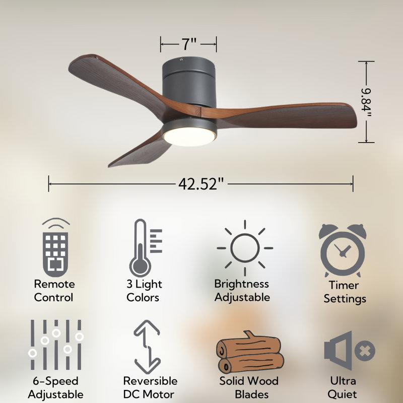 42.5" 3 - Blade Dimmable LED Light Standard Ceiling Fan with Remote Control and Light Kit Included