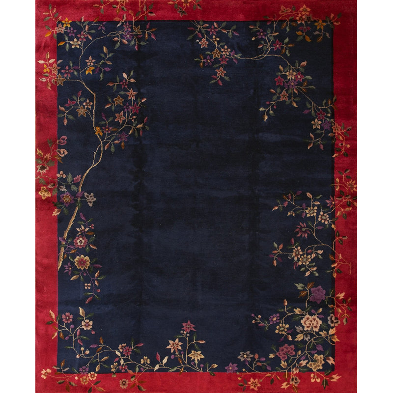 Floral Wool Rectangle Hand Knotted Pile Blue 1920s Antique Rug