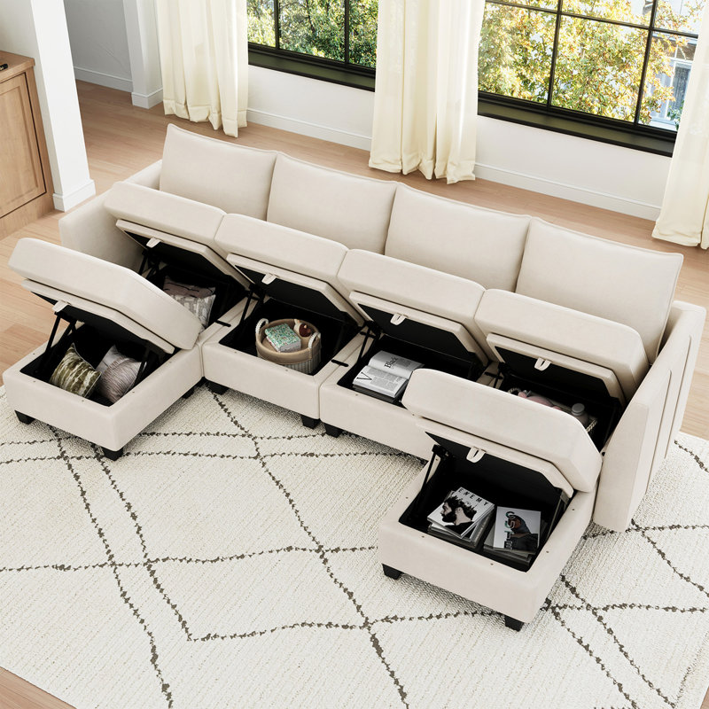 Allinson Velvet U Shaped 4-Seat Modular Sofa Freely Combined Storage Sofa Solid Wood Living room Sectional Sofa with Ottoman