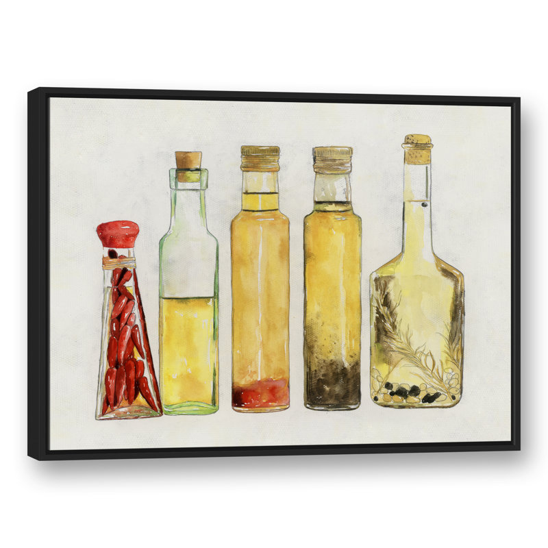 Olive Oil Bottles - Print on Canvas, 12" H x 16" W, Black Framed