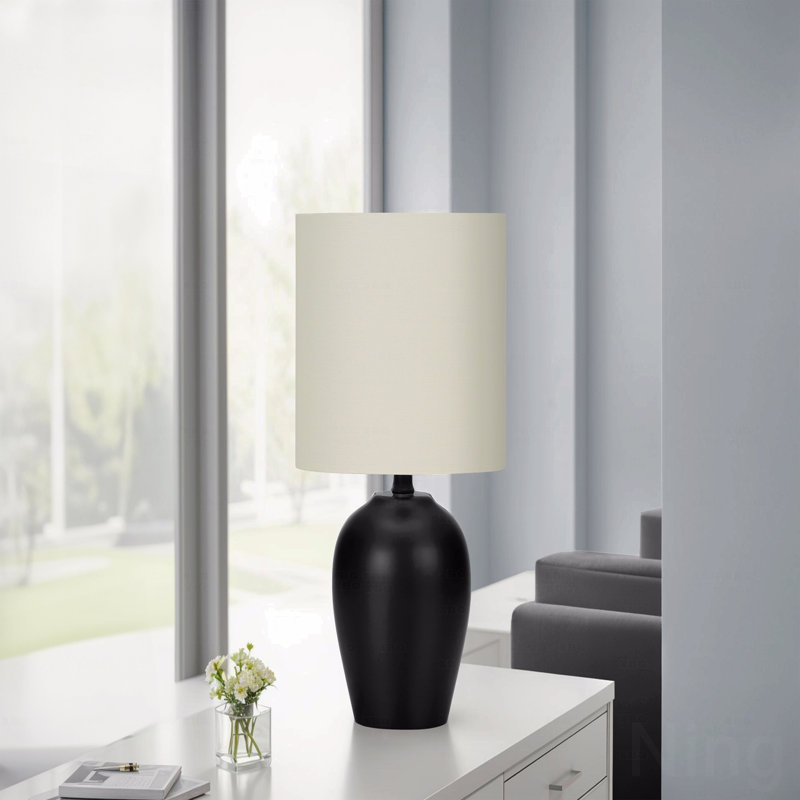 Table Lamp  -  Black Ceramic Table Lamp with Ivory Fabric Drum Shade
