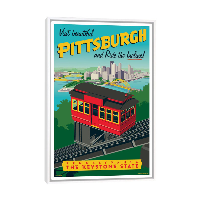 Affiche de voyage inclinée Pittsburgh par Jim Zahniser-impression d’art graphique, Pas de tapis, Toile blanche encadrée